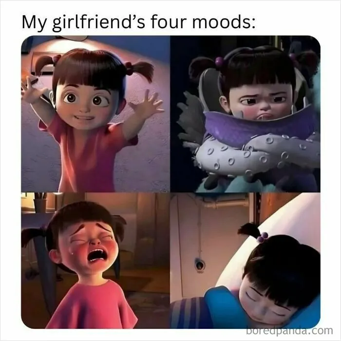Four different emotions of Boo from Monsters Inc in funny memes