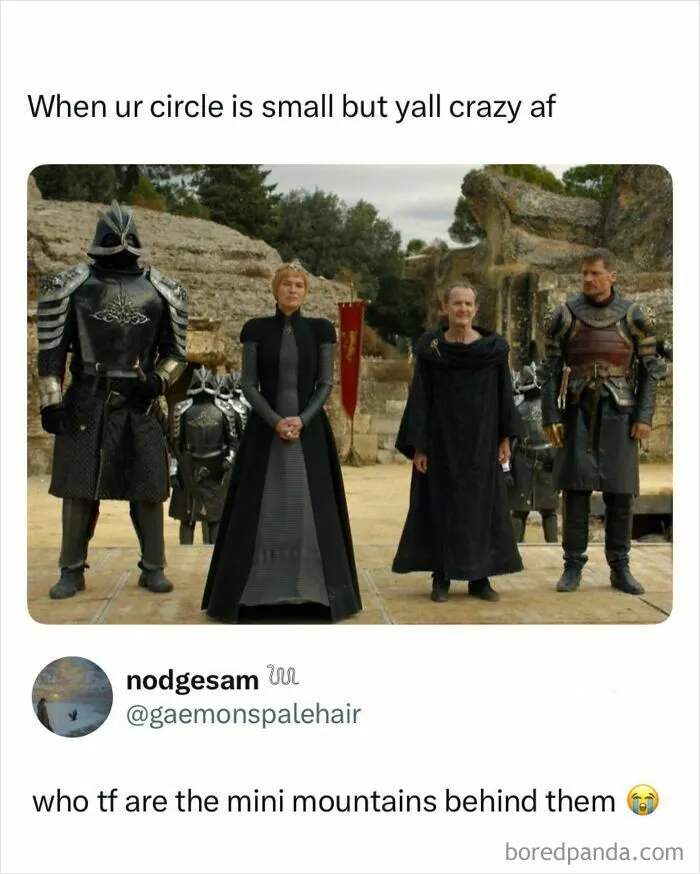 Funny memes showing Game of Thrones characters standing in a row with small guards behind them.