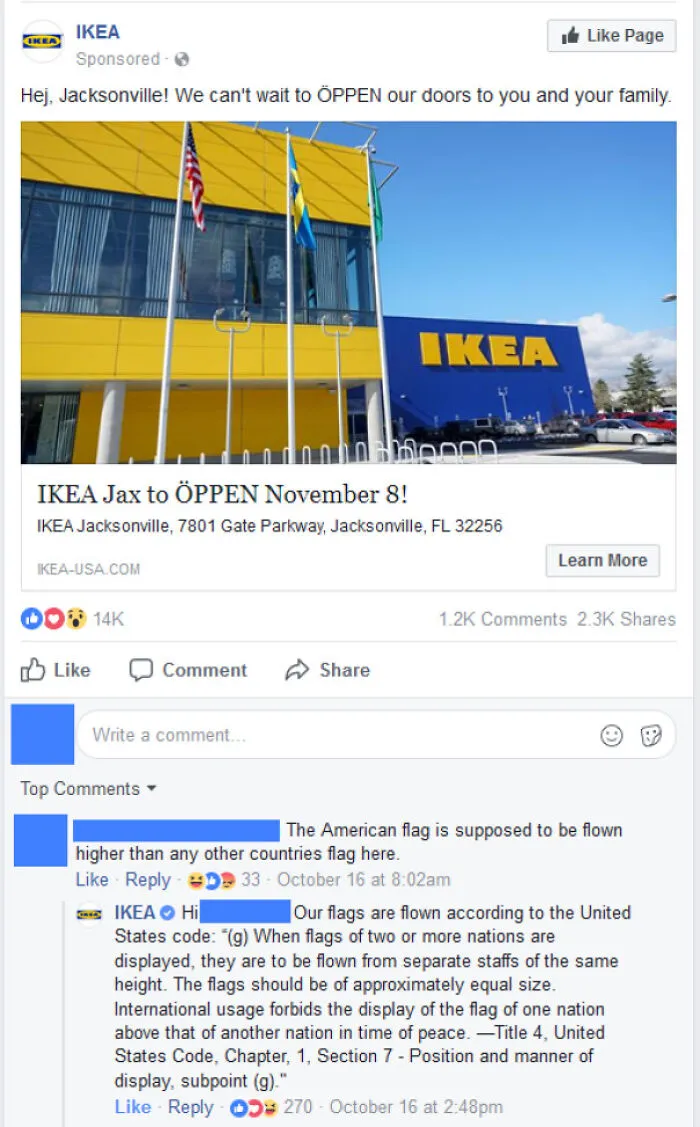 Facebook comment thread debunking ridiculous lies about flag display rules at an IKEA store