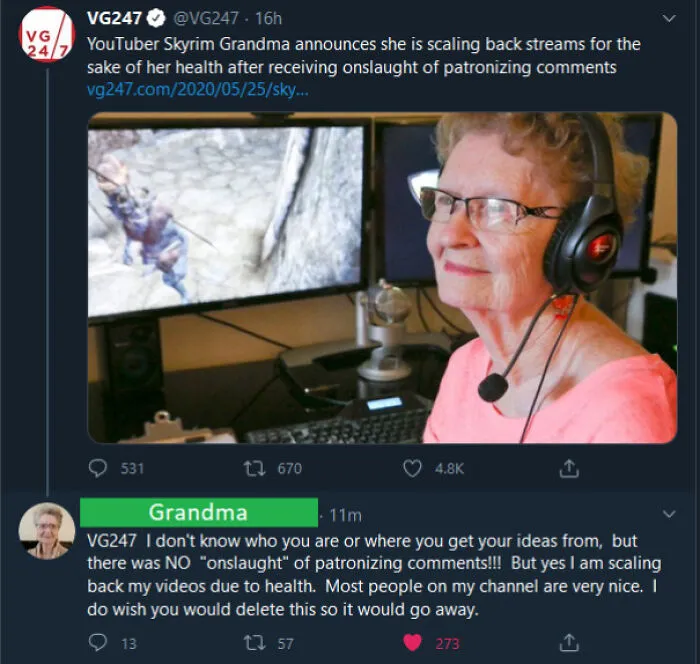 Social media post correcting ridiculous lies spread by news outlets about Skyrim Grandma