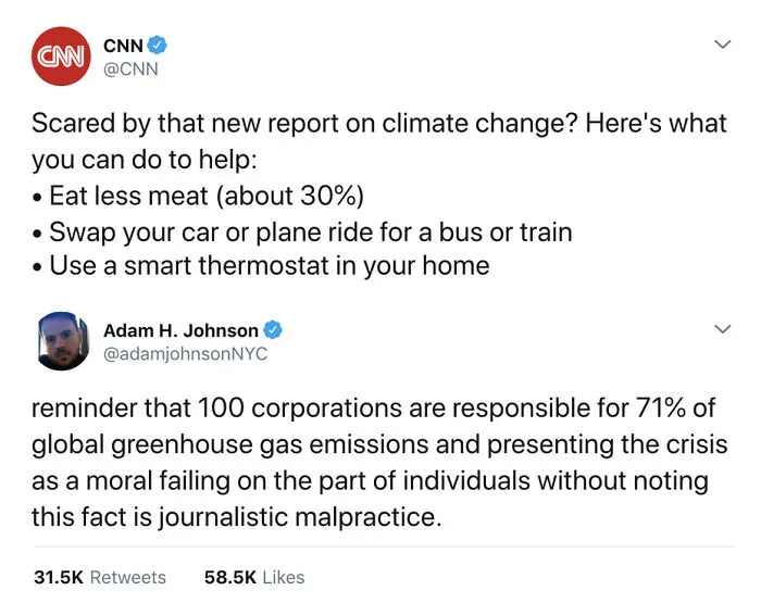 Social media post correcting ridiculous lies about individual blame for climate change