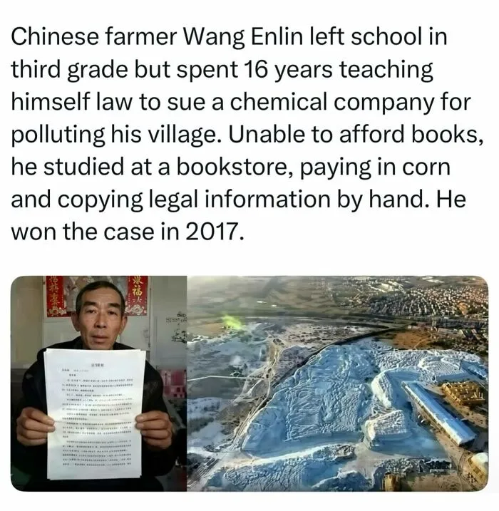 Farmer Wang Enlin holding legal documents next to a polluted field representing interesting facts about human determination