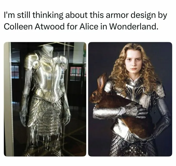 Silver medieval armor display and Mia Wasikowska wearing it holding a rabbit as interesting facts about the world