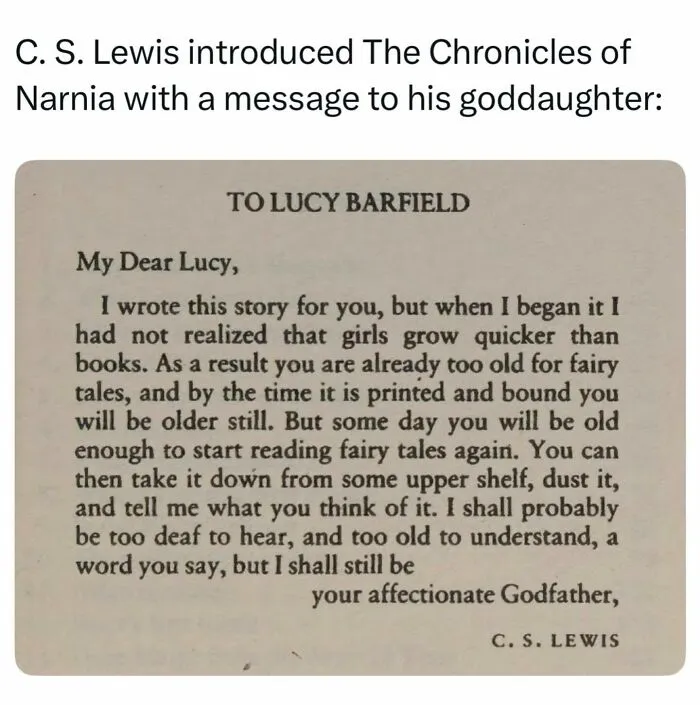 Printed dedication letter by CS Lewis to his goddaughter shared in interesting posts about literature