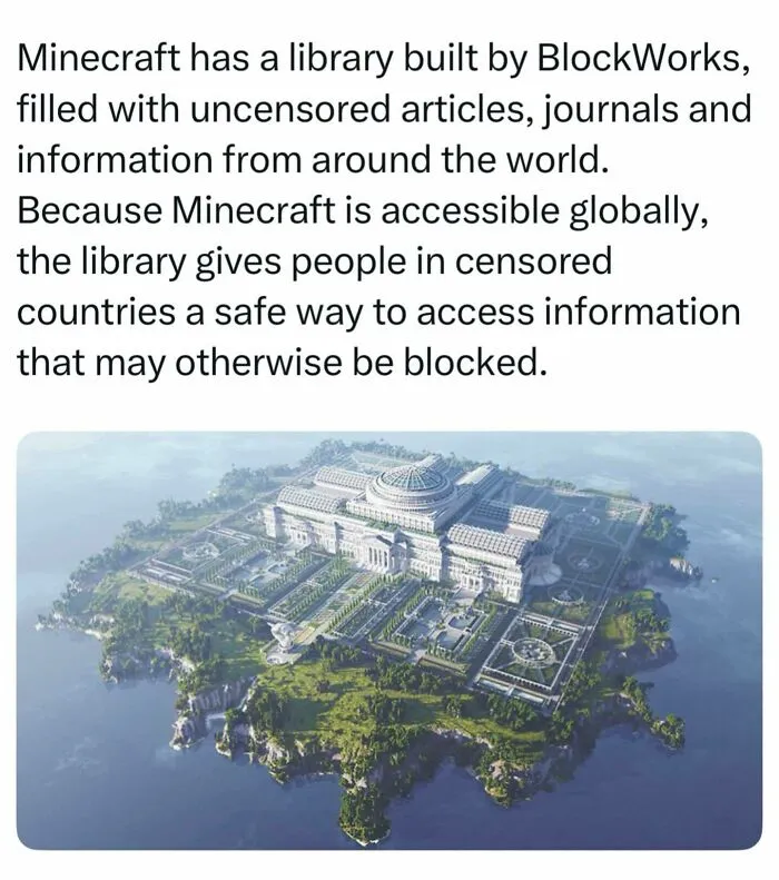 Aerial view of the Uncensored Library built in Minecraft on a virtual island, highlighting interesting facts about the world.