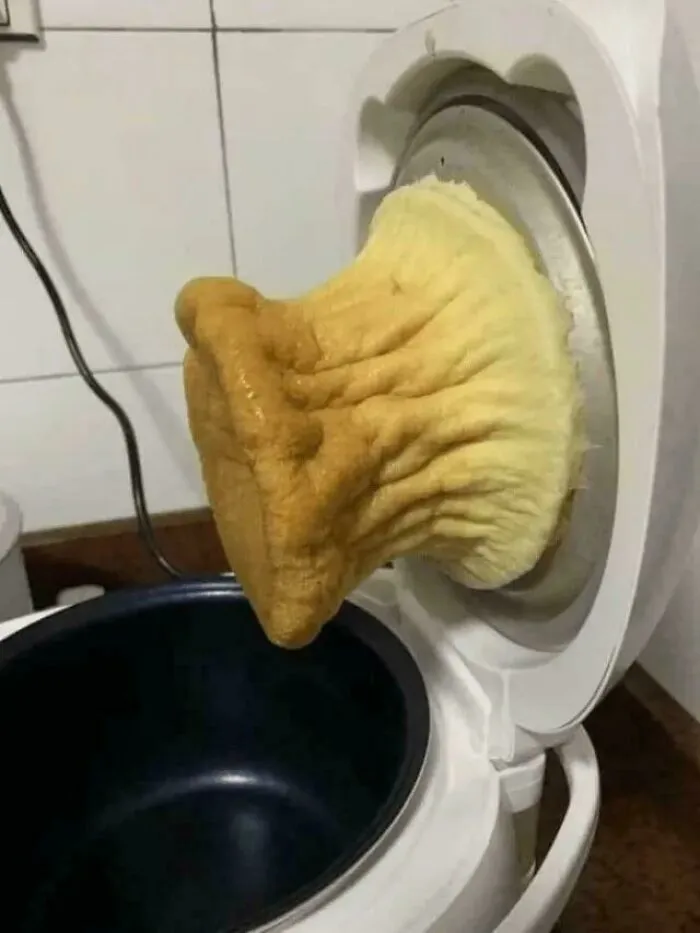An unusual baking fail result with cake batter expanded upwards inside an open appliance.