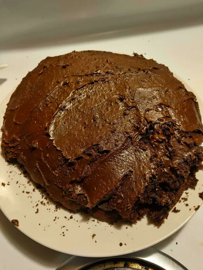Lumpy chocolate cake unevenly covered in dark chocolate frosting, a funny baking fail.