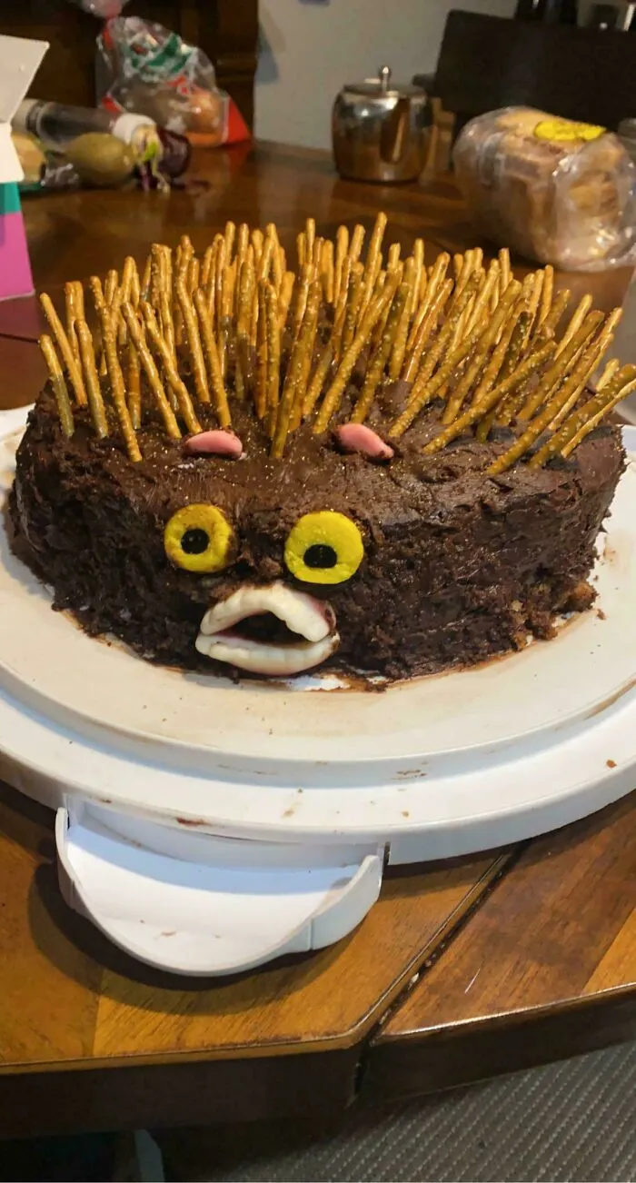 A hilarious baking fail hedgehog cake decorated with pretzels, gummy eyes, and candy mouth.