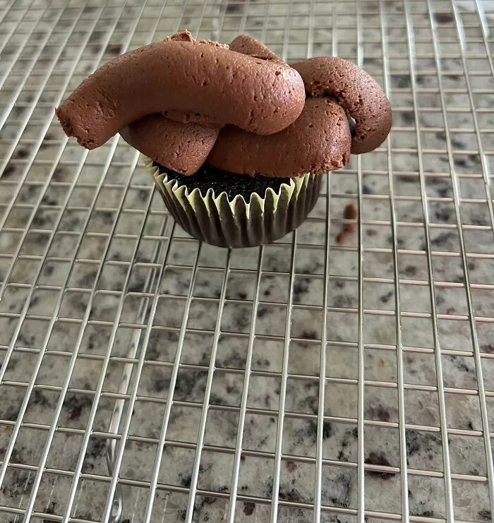 Single chocolate cupcake with thick brown frosting representing an unfortunate baking fail.