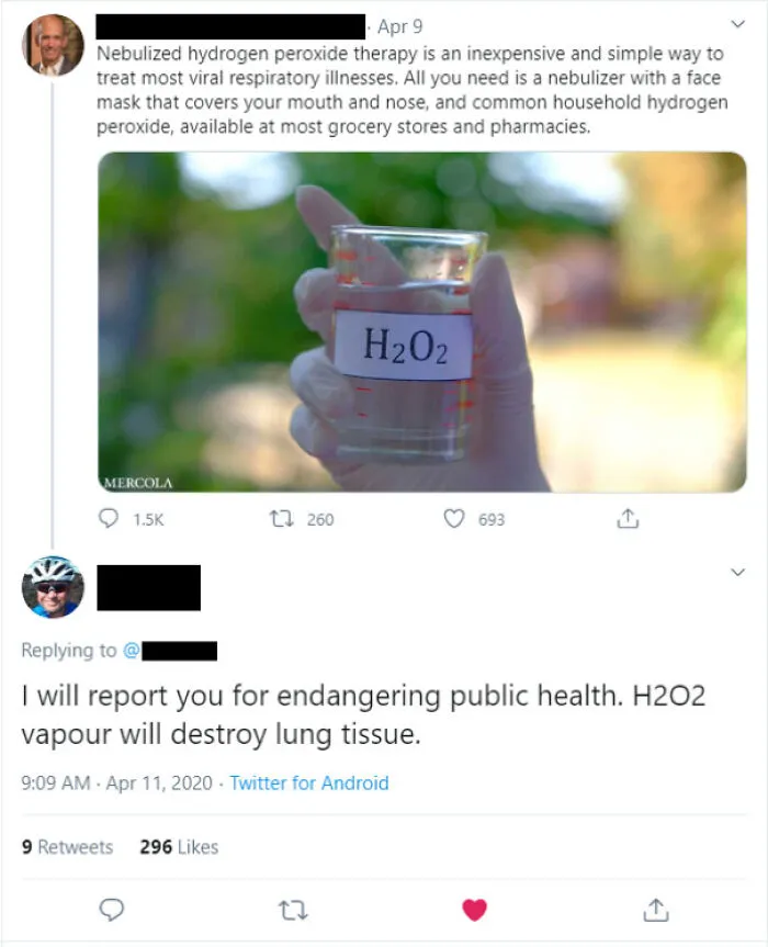Twitter thread calling out dangerous healthcare ridiculous lies about hydrogen peroxide