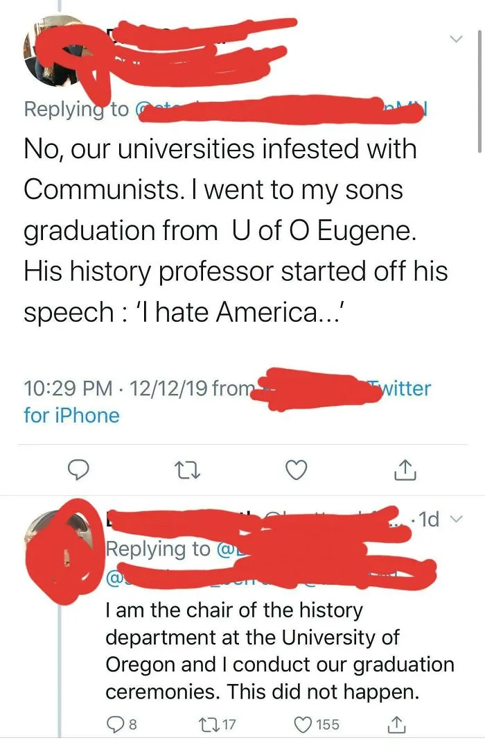 Social media exchange exposing ridiculous lies about a university graduation speech.