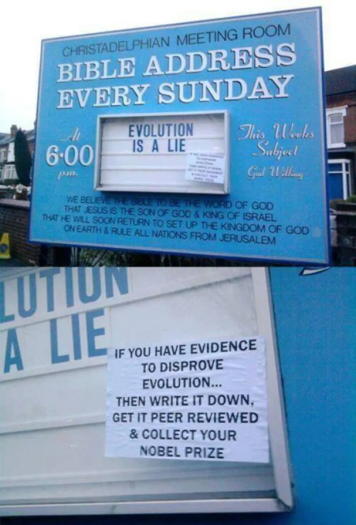 Church sign exposing ridiculous lies about evolution refuted by a handwritten paper note.