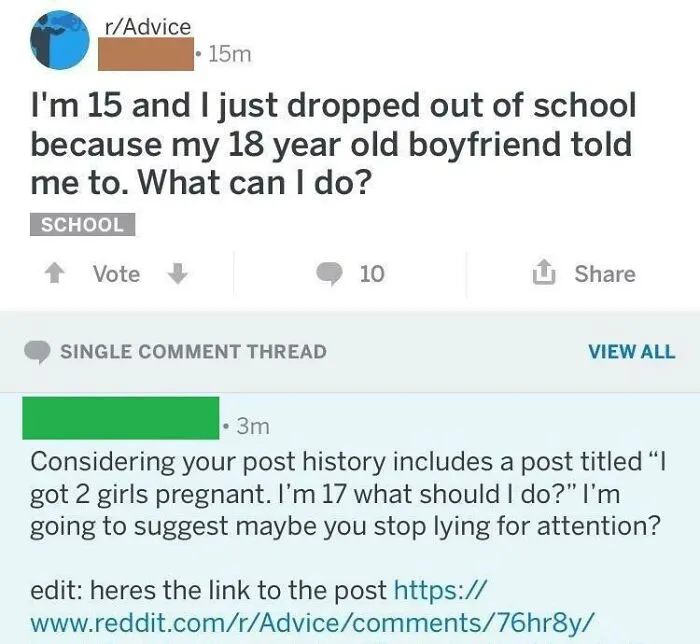 Reddit post caught fabricating a fake story about school and pregnancy, calling out ridiculous lies