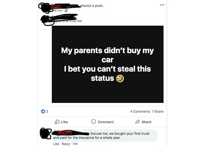 Facebook post claiming parents did not buy car, exposed as ridiculous lies by mother replying they bought his truck