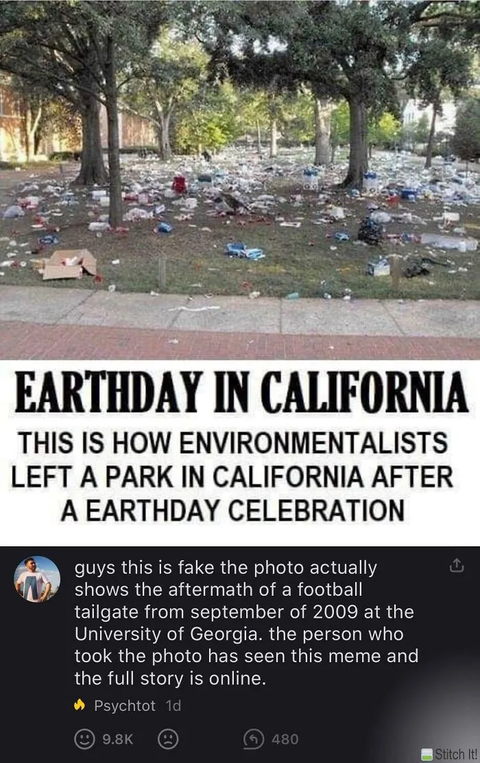 A meme exposing ridiculous lies, showing a littered park wrongly blamed on an Earth Day celebration.