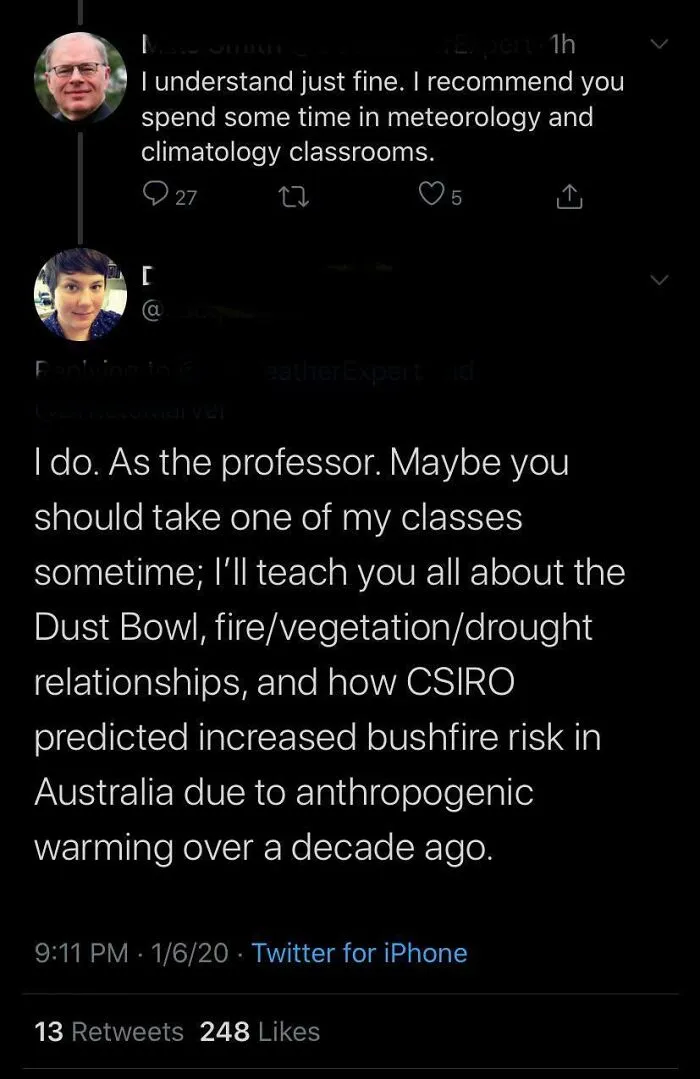 Twitter exchange showing ridiculous lies being corrected by a real climatology professor.