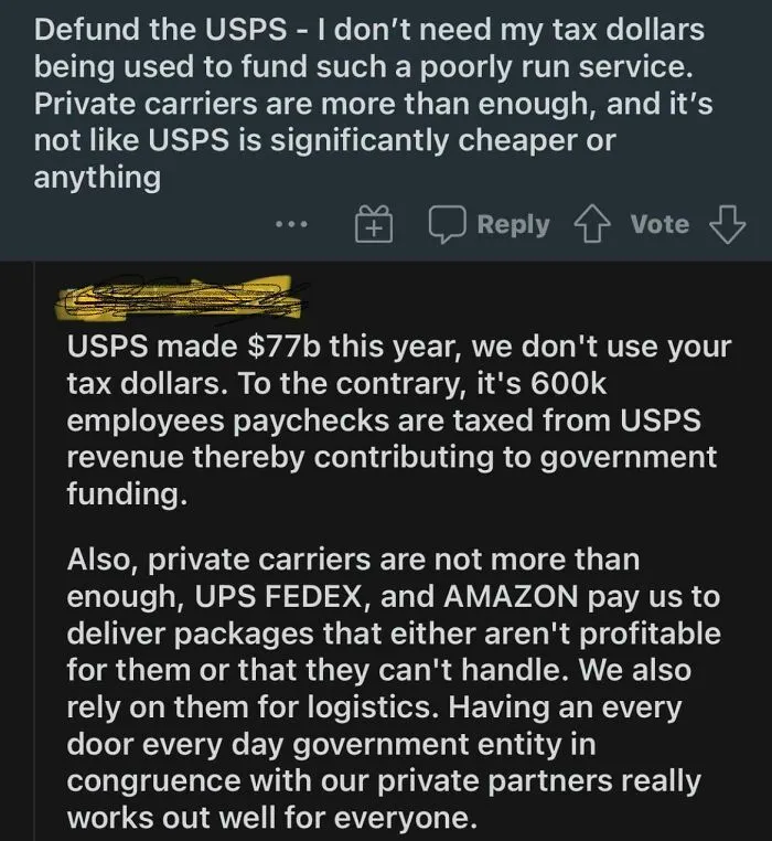 Screenshot of online comment exposed as ridiculous lies about USPS funding.