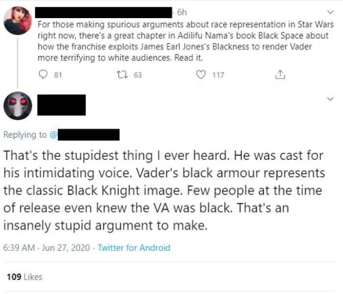 A social media reply calling out ridiculous lies and arguments regarding Darth Vader casting.