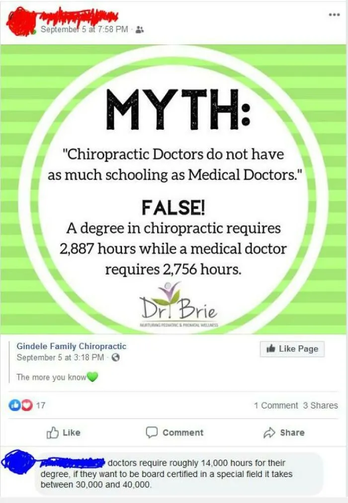 An infographic telling obvious lies about medical doctor training hours corrected by a commenter.