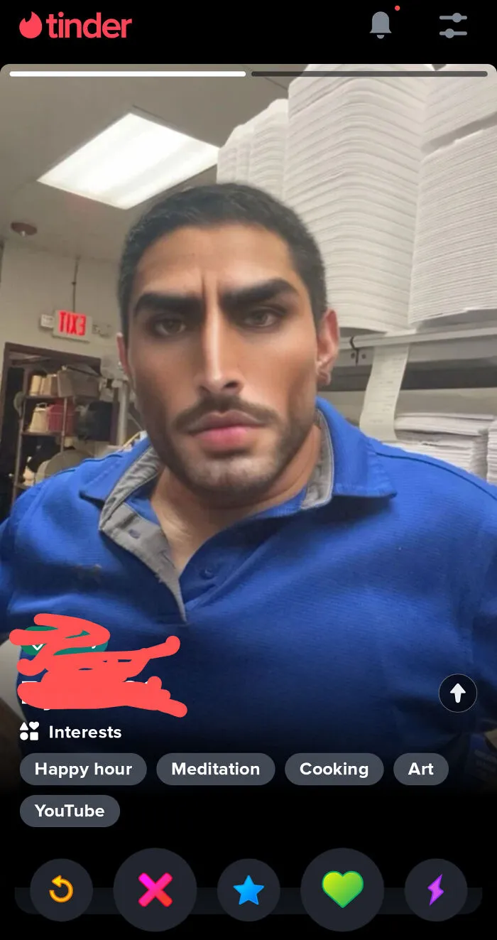 Tinder profile photo with heavily edited and exaggerated facial features