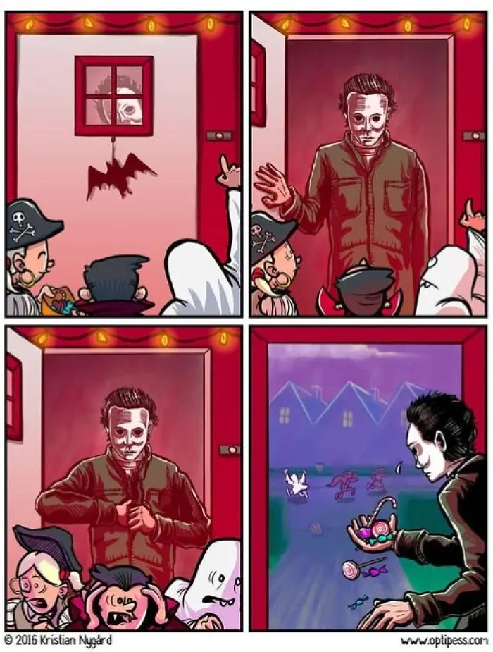 A dark humor comic by Kristian Nygård showing Michael Myers taking off his mask to scare trick-or-treaters on Halloween.