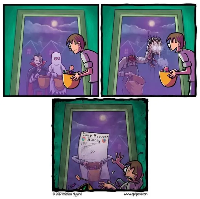 A dark humor comic by Kristian Nygård showing a trick-or-treater scared by a browser history list.