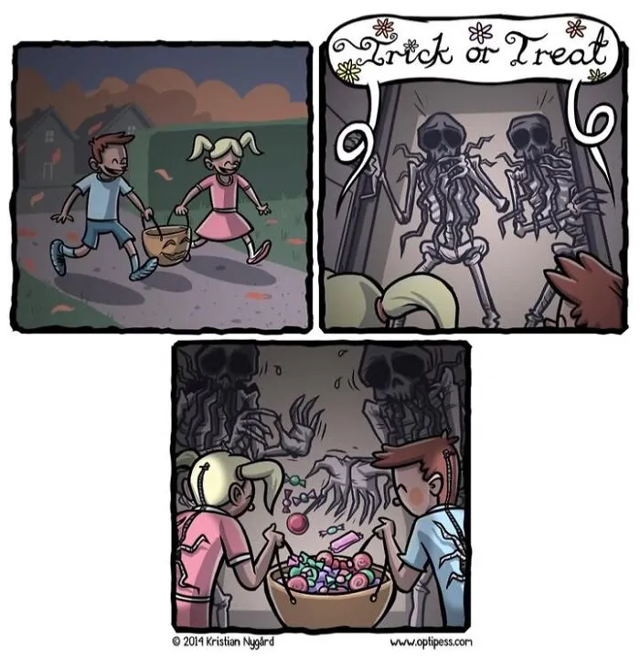 Kristian Nygård dark humor comic where children in suit costumes trick-or-treat at a monster house for Halloween.