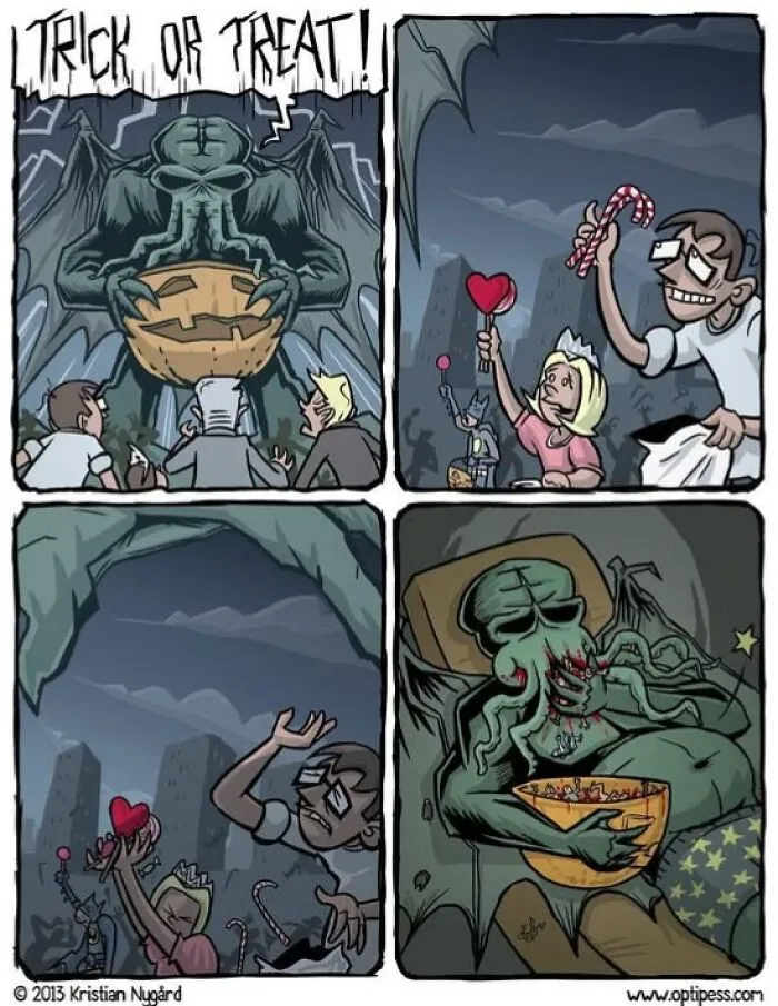 A dark humor comic featuring Cthulhu trick-or-treating for people instead of candy.