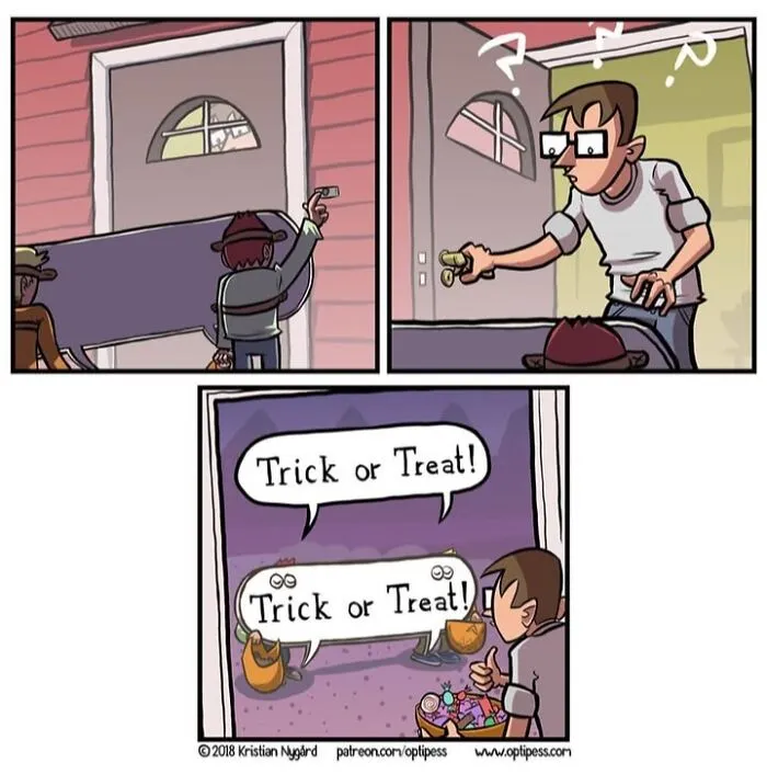 Kristian Nygård dark humor comic showing trick-or-treaters obscured behind giant speech bubbles on Halloween.