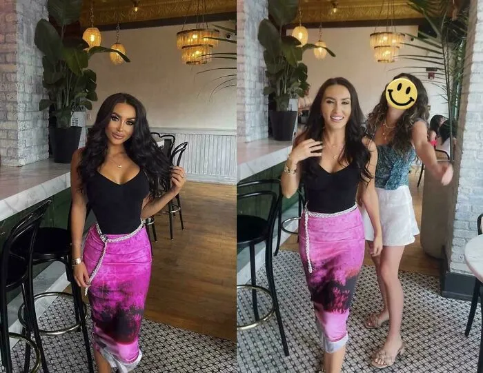 Photo comparison highlighting edited vs natural body shape in casual indoor setting