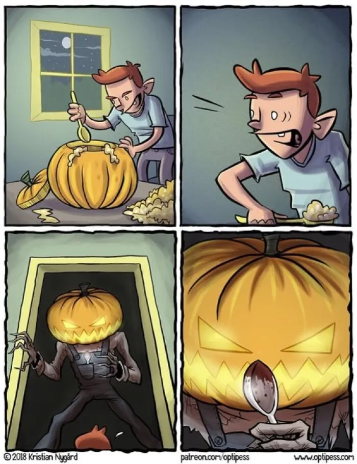 Kristian Nygard dark humor comic with a boy scooping a pumpkin when a pumpkin monster appears for Halloween.