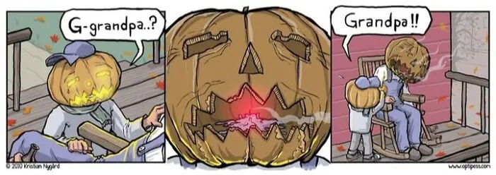 Kristian Nygard dark humor Halloween comic depicting a pumpkin person visiting an old melted pumpkin grandfather.
