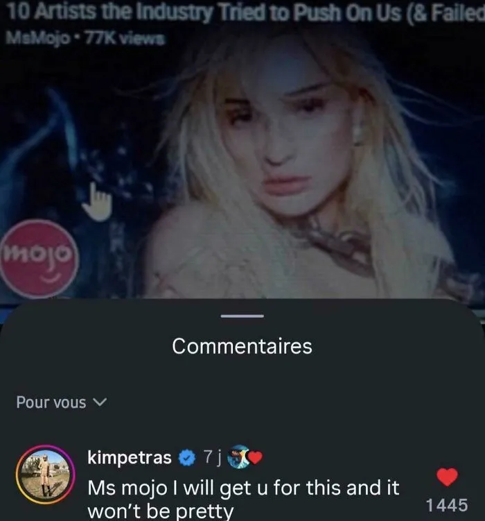 Kim Petras responding to a MsMojo video about industry artists in a list of celebrity social media fails.