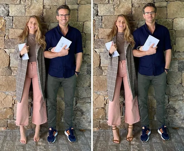 Side-by-side photo comparison of Blake Lively and Ryan Reynolds showing photoshopped heels on her feet.