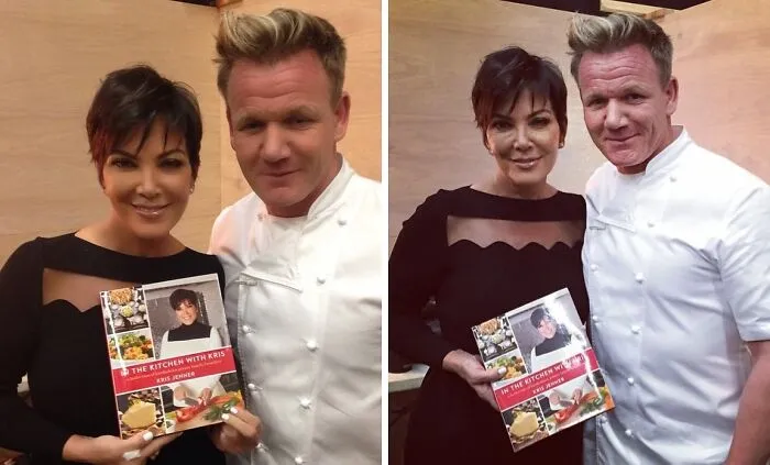 Side-by-side comparison of Kris Jenner and Gordon Ramsay photos showing an obvious celebrity social media fail.