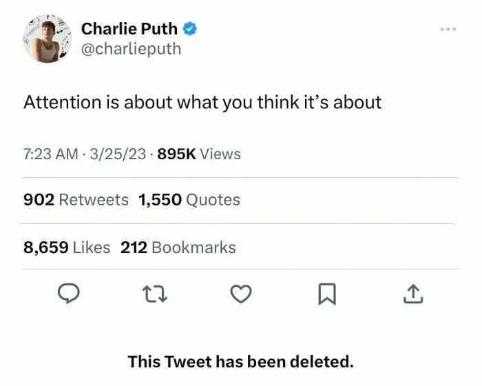 Deleted tweet by Charlie Puth showing notable celebrity social media fails.
