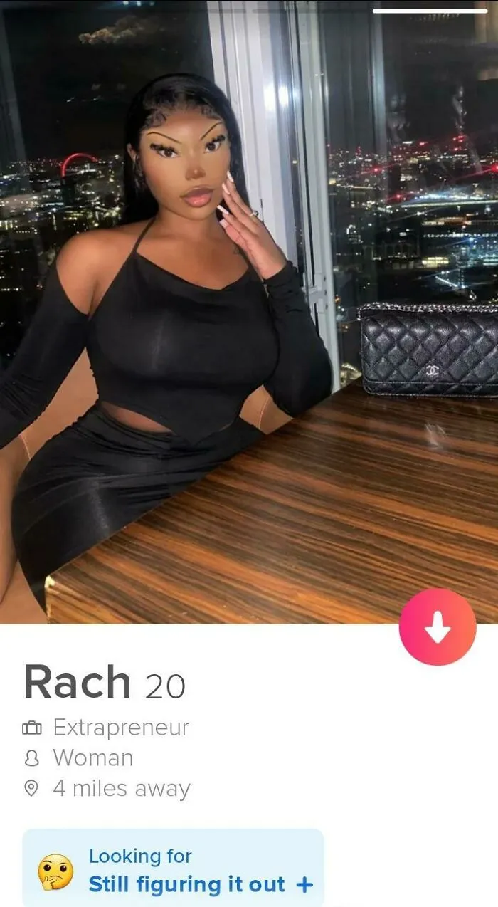 Ridiculously edited photo of woman on dating profile with distorted facial features
