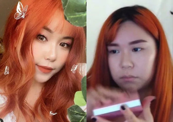 Ridiculous edited photos of orange-haired woman with and without filters