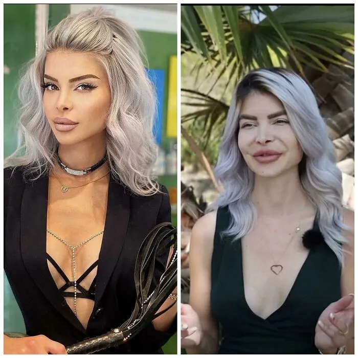 Side-by-side images of woman with natural and distorted facial expressions