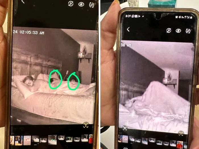 Creepy photos of night camera footage showing mysterious faces lurking near a sleeping person in bed.