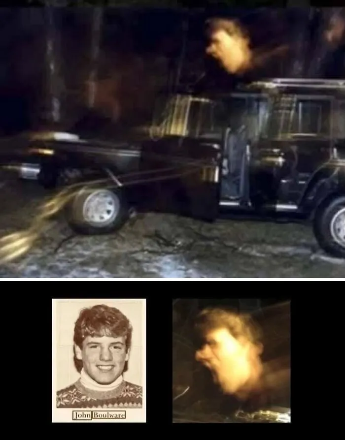 Creepy photos of a car crash showing a blurry ghostly face appearing to exit a vehicle, compared to John Boulware.