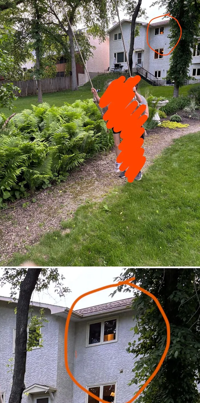 A person on a backyard swing with a creepy figure circled in the upper window, one of many creepy photos.