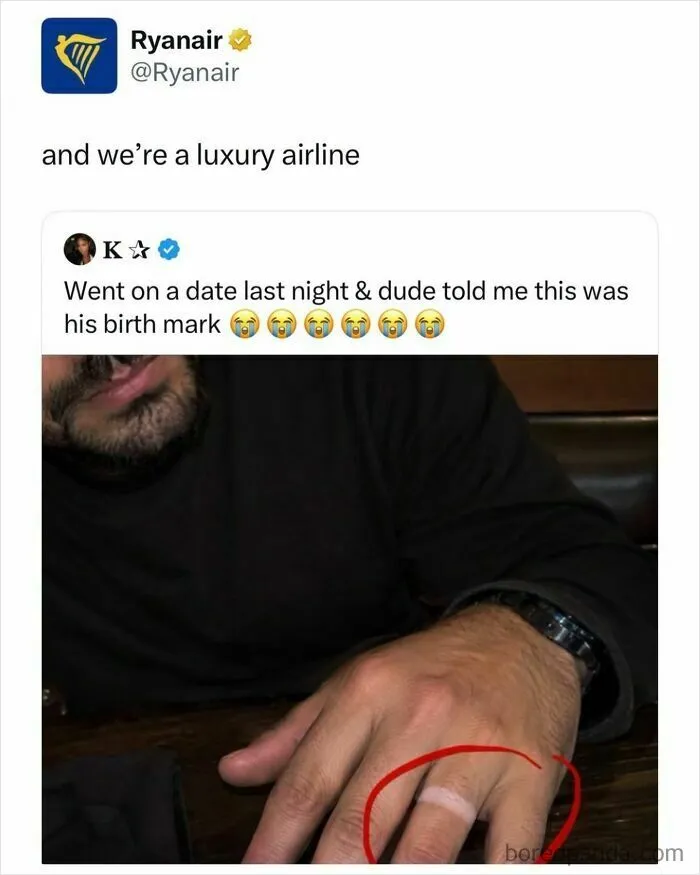 Funny and random posts with a Ryanair tweet reacting to a man claims a wedding ring tan line is a birthmark