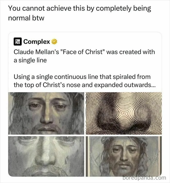 Funny and random posts screenshot detailing Claude Mellan continuous line artwork Face of Christ.