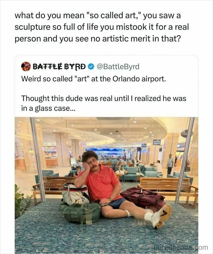 Funny post about a realistic sculpture sleeping in a glass case at an airport.