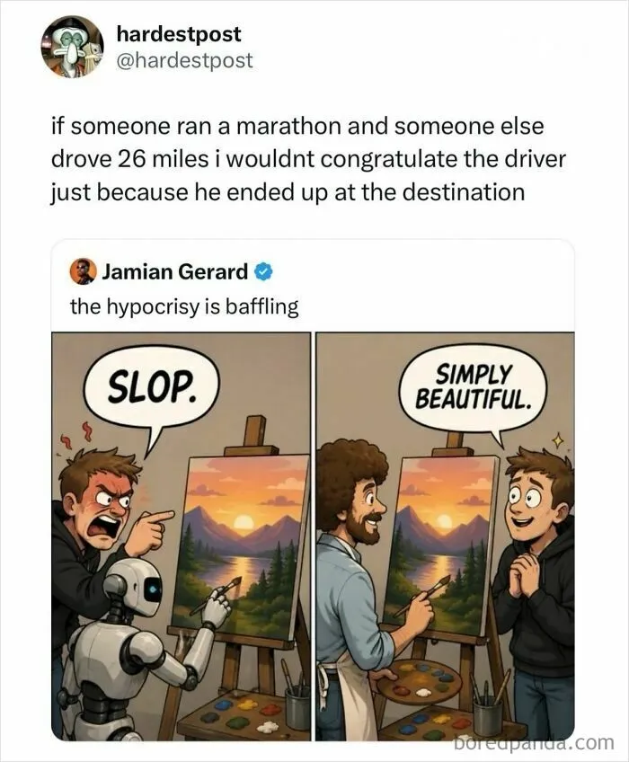 Funny random post meme comparing AI artwork to human painting with a marathon runner analogy.