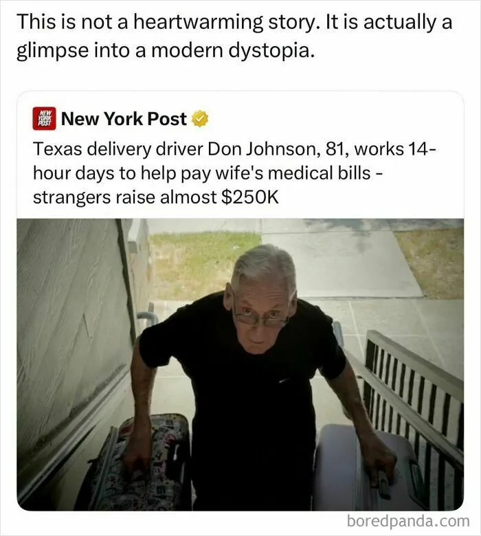 Funny and random posts screenshot of news article about elderly delivery driver carrying heavy suitcases.