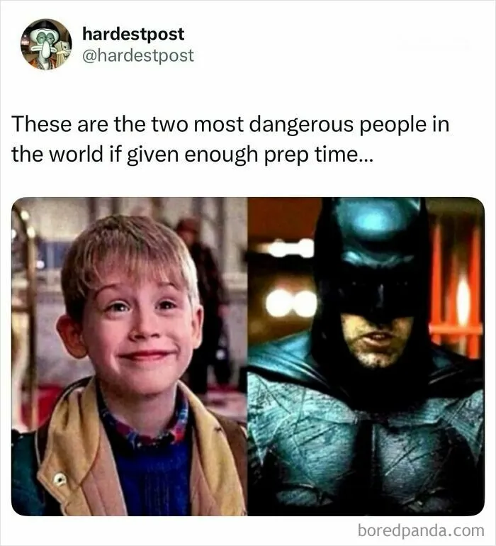 Funny post meme comparing Kevin McCallister from Home Alone and Batman as dangerous with prep time.