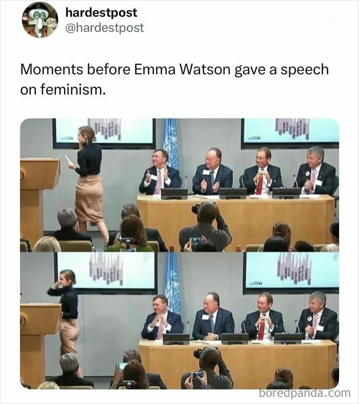 Funny post screenshot showing audience members clapping before Emma Watson gives a speech.