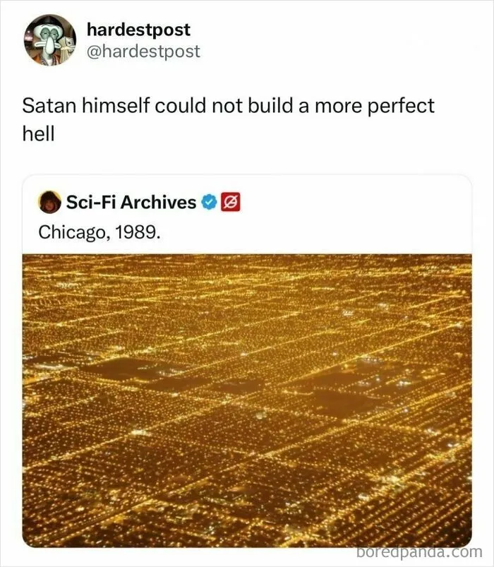 An aerial view of glowing urban lights in Chicago 1989 featured in funny and random posts.